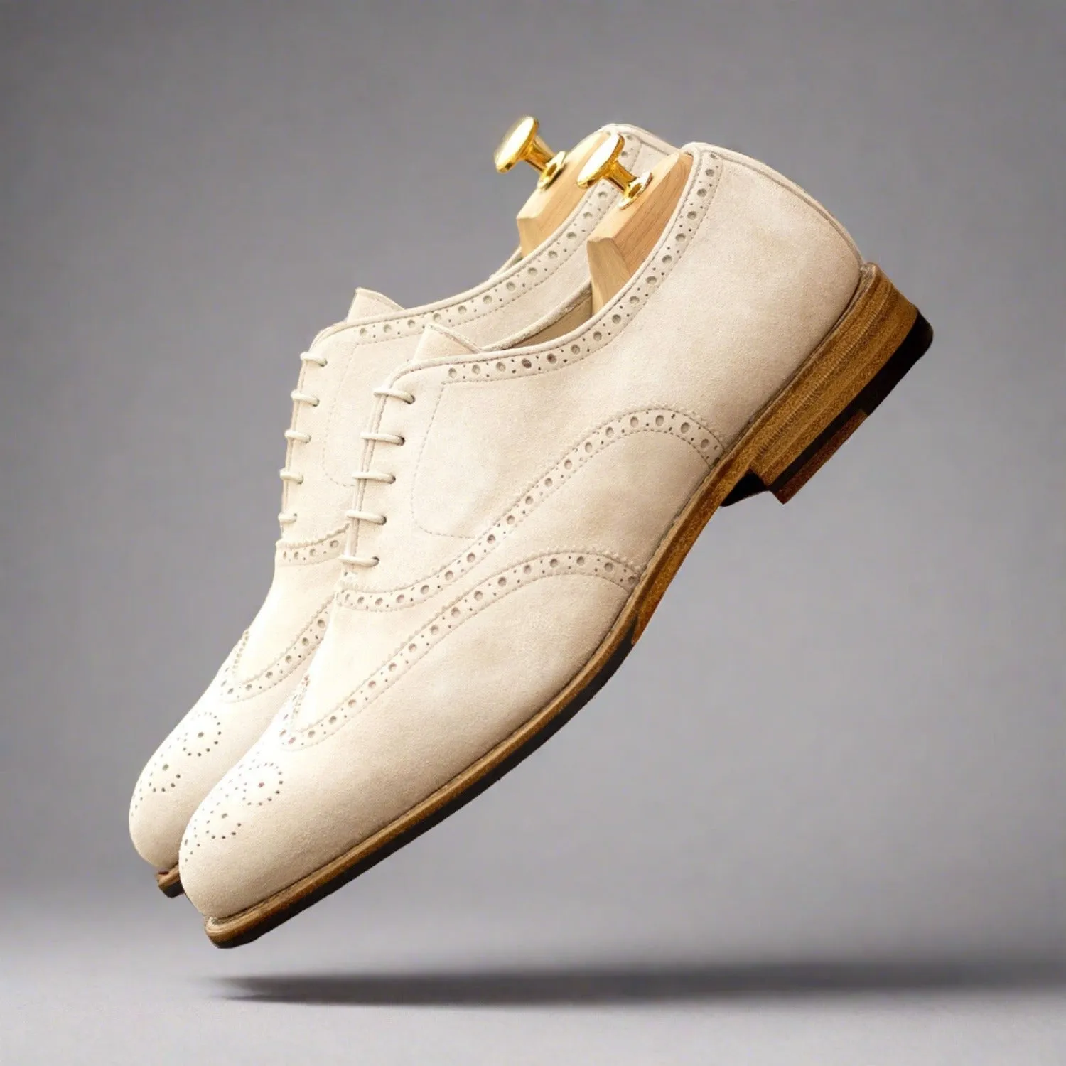 Ambrogio Bespoke Men's Shoes Ivory Suede Leather Wingtip Oxfords (AMB2431)
