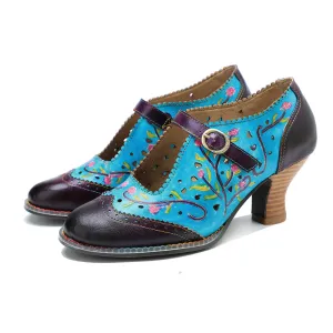CrazycatZ Women's Leather Mary Jane Shoes Mary Jane Colorful Leather Oxfords Vintage Leather Pumps 2503