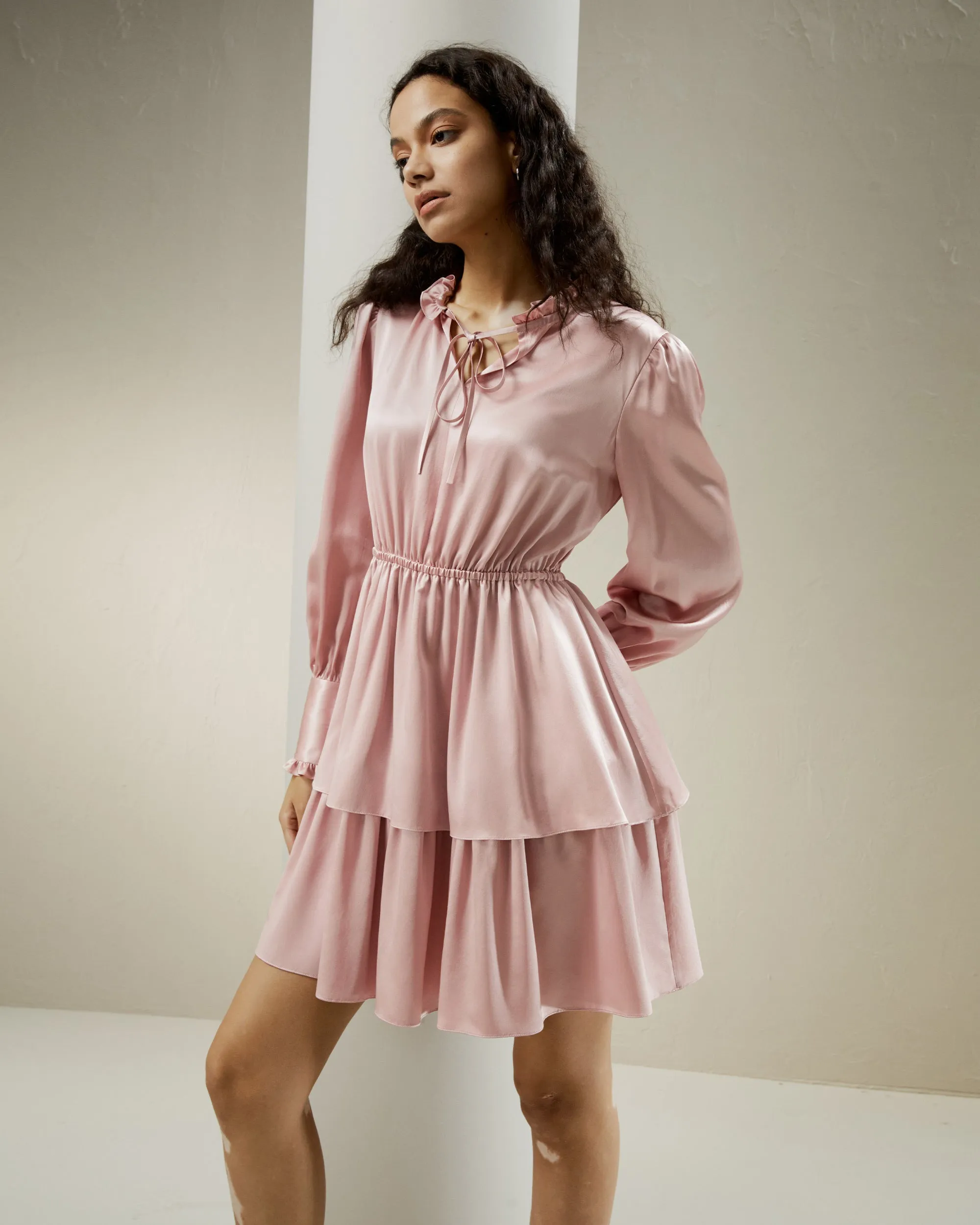 LILYSILK x CHARIS Tie Neck 2 Tiered Mini Dress