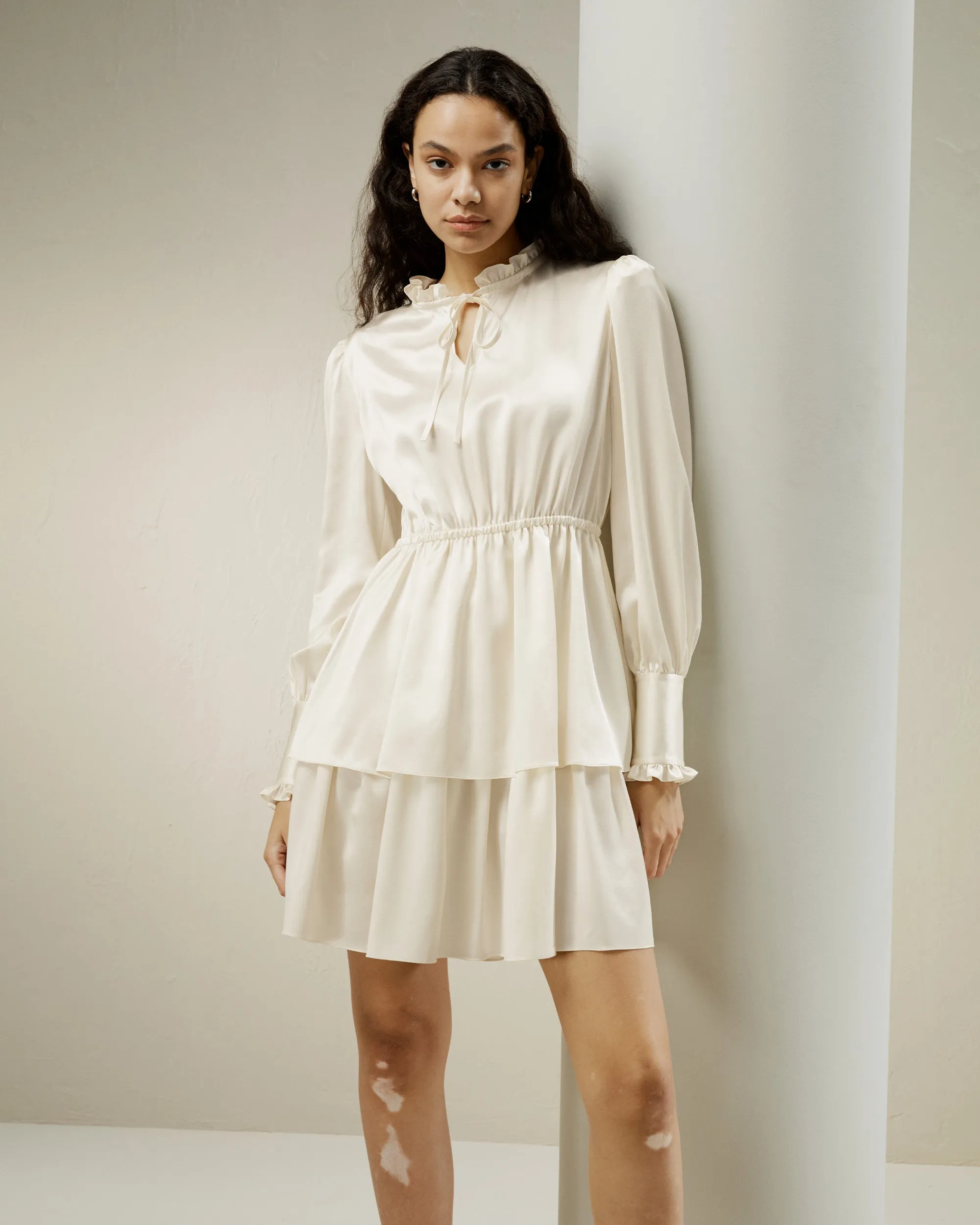 LILYSILK x CHARIS Tie Neck 2 Tiered Mini Dress