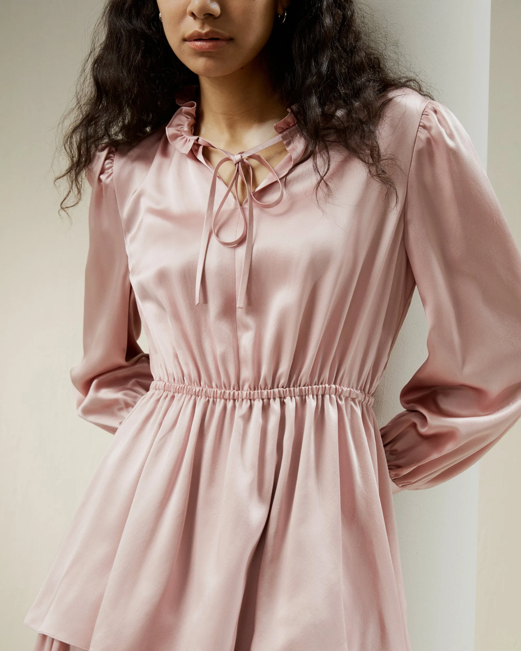 LILYSILK x CHARIS Tie Neck 2 Tiered Mini Dress