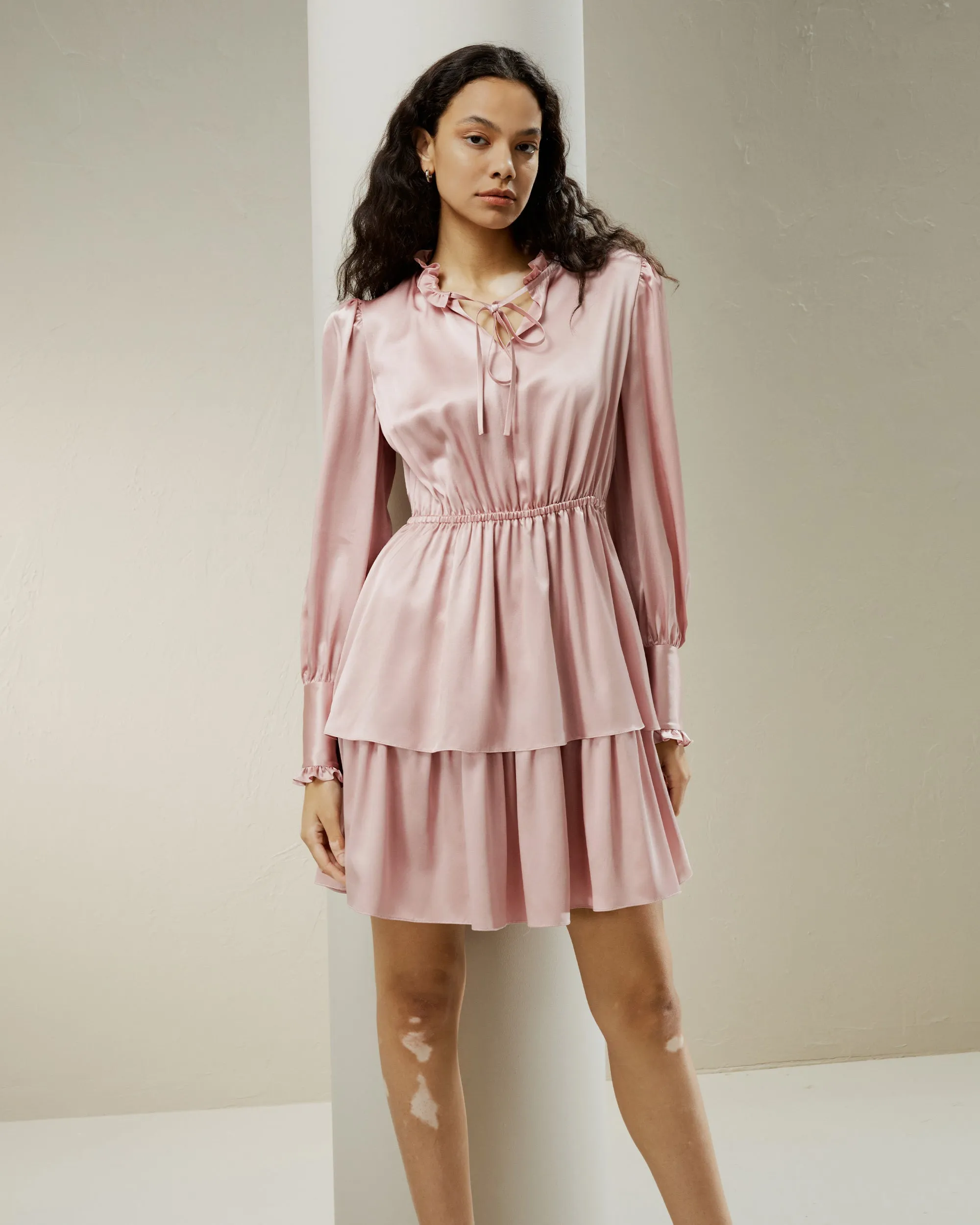 LILYSILK x CHARIS Tie Neck 2 Tiered Mini Dress
