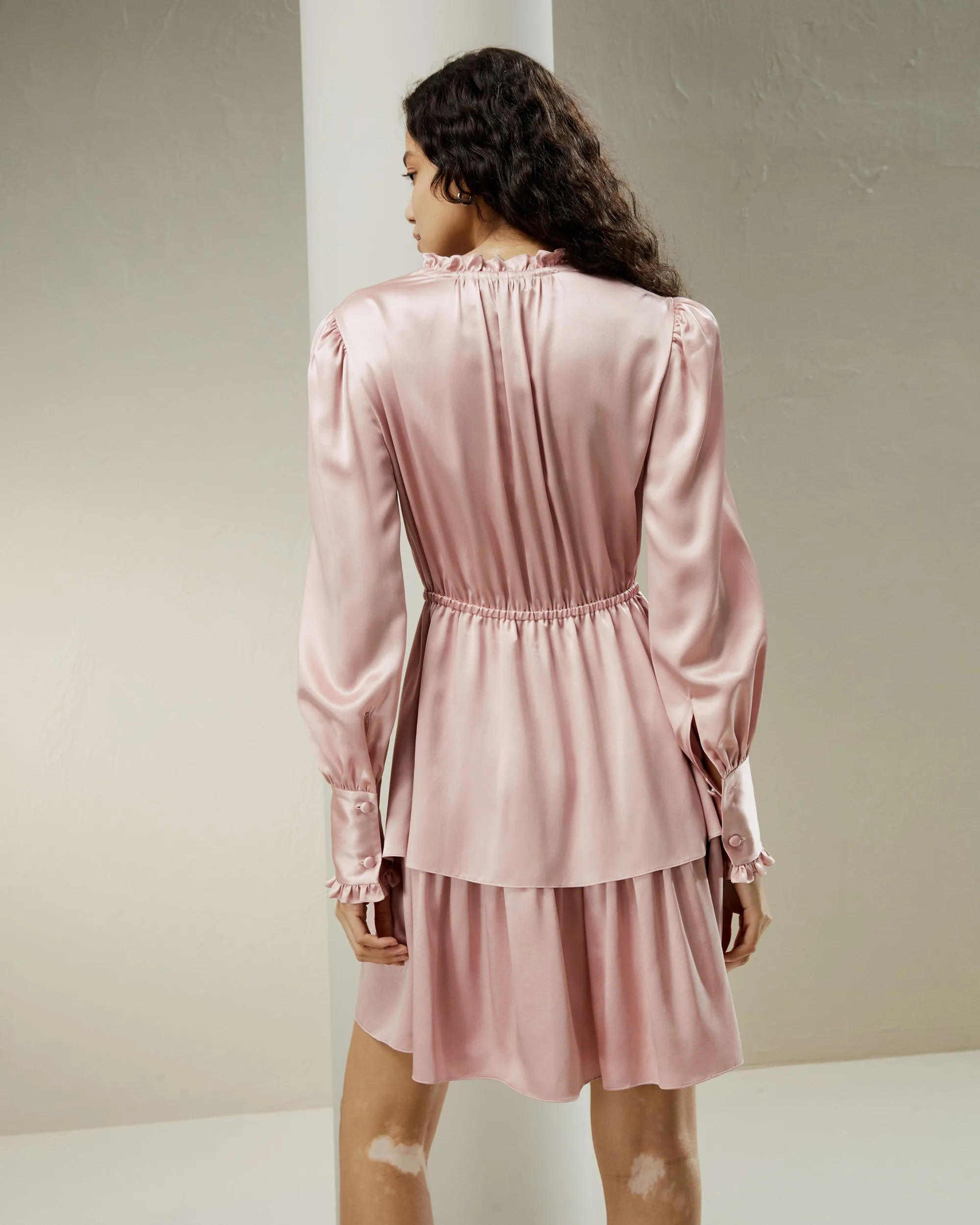 LILYSILK x CHARIS Tie Neck 2 Tiered Mini Dress