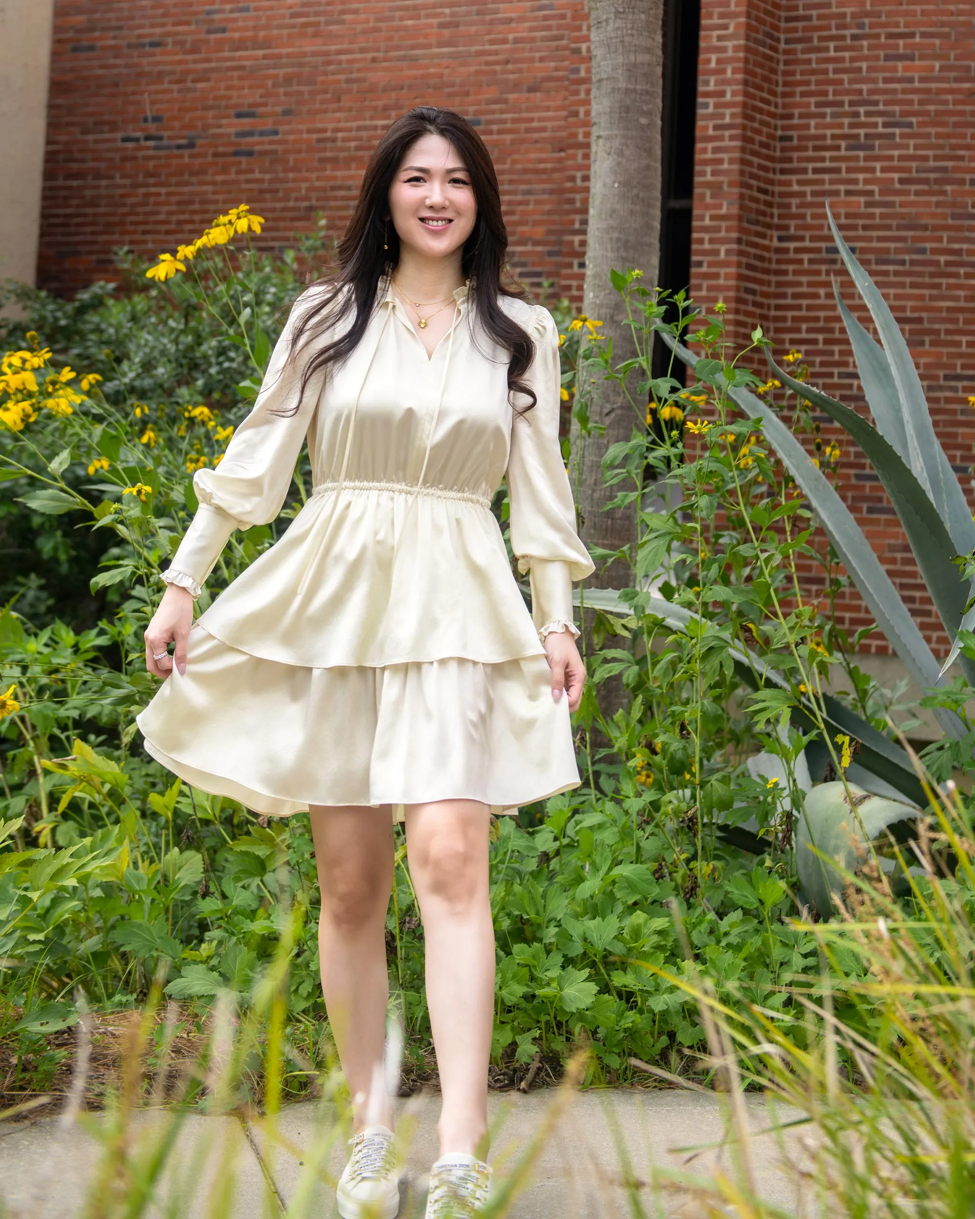 LILYSILK x CHARIS Tie Neck 2 Tiered Mini Dress