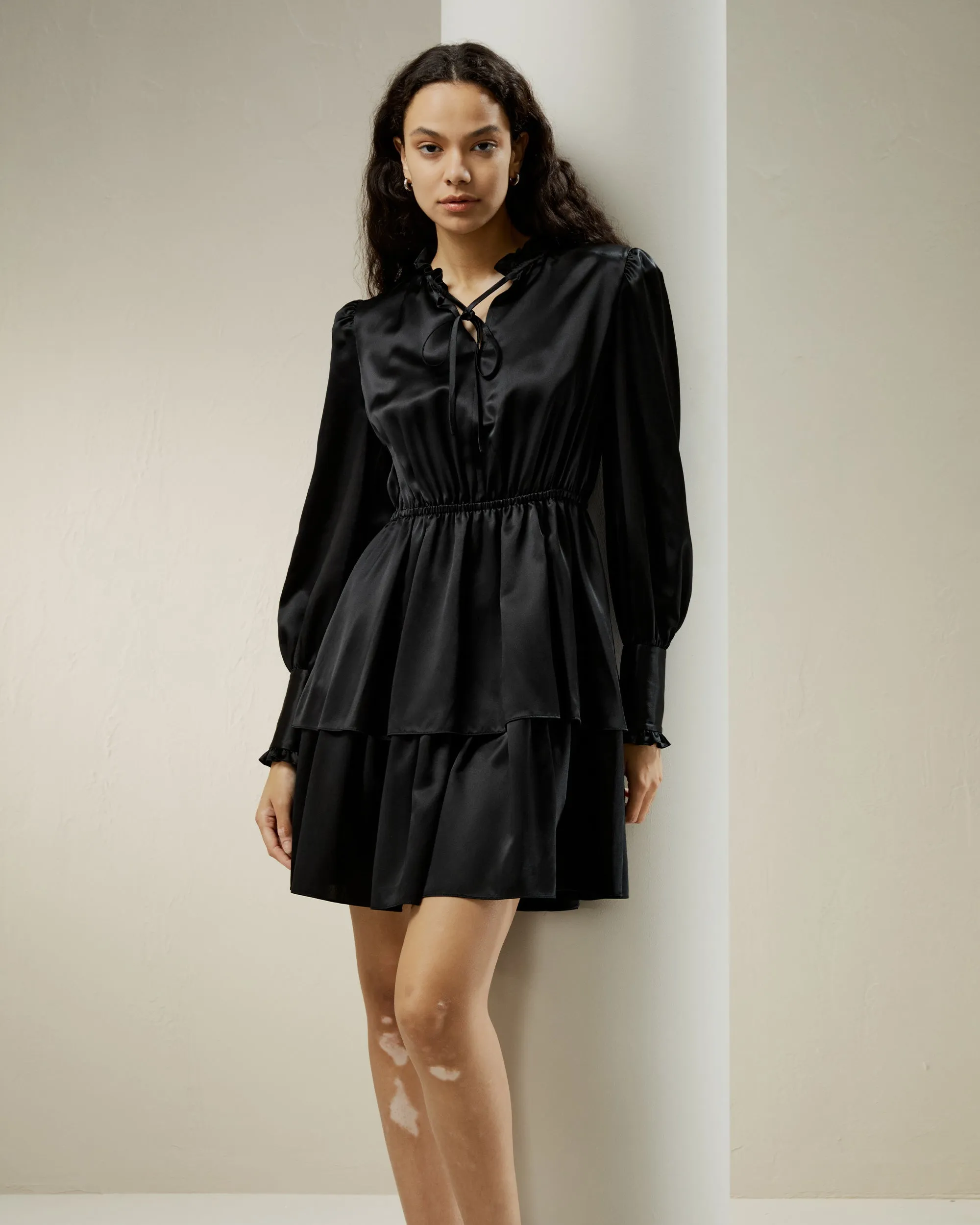 LILYSILK x CHARIS Tie Neck 2 Tiered Mini Dress