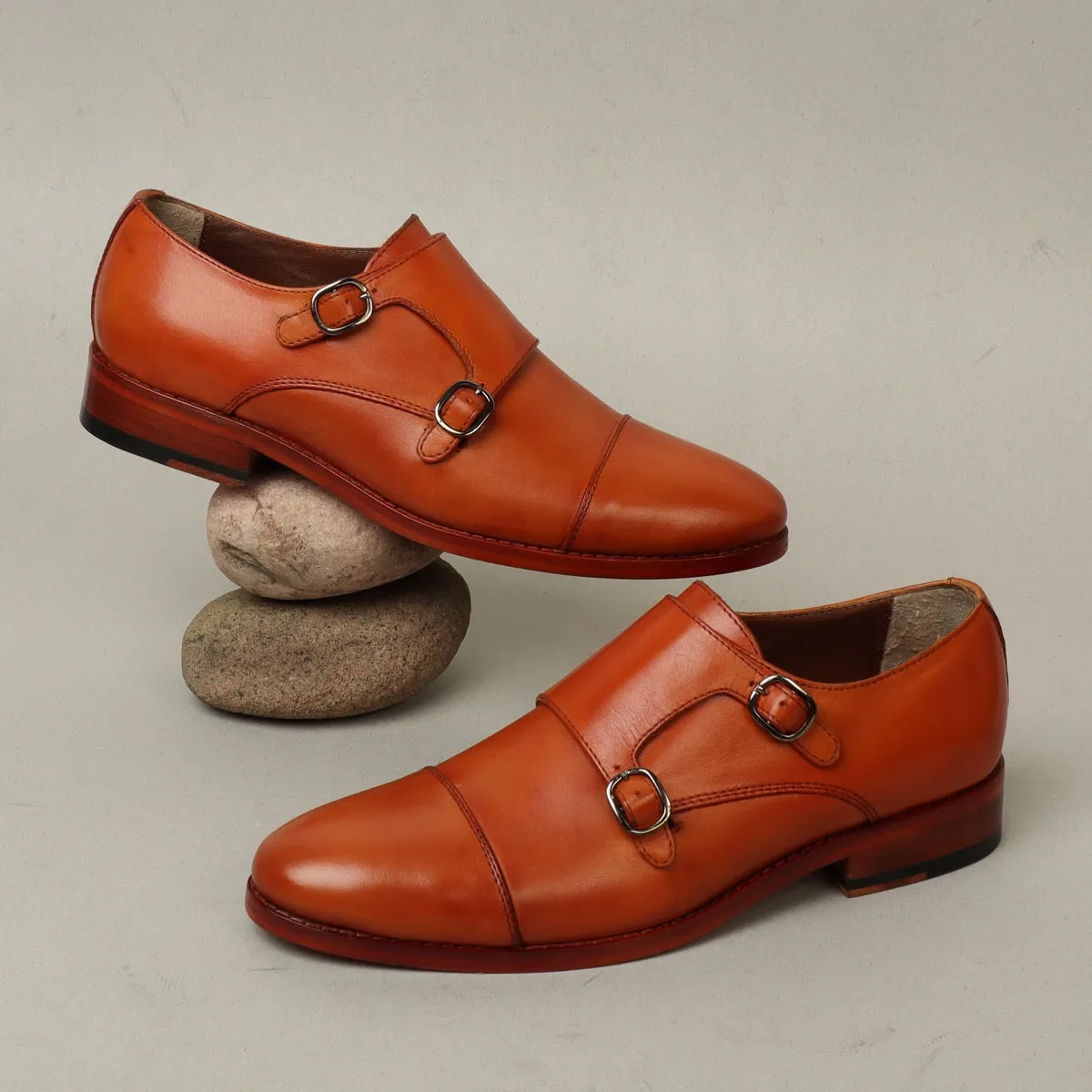 Men's Tan Leather Double Monk With Leather Sole Shoes By Brune & Bareskin