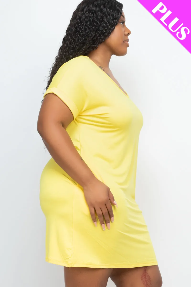 Plus Size Cap Sleeve Pocket Mini Dress