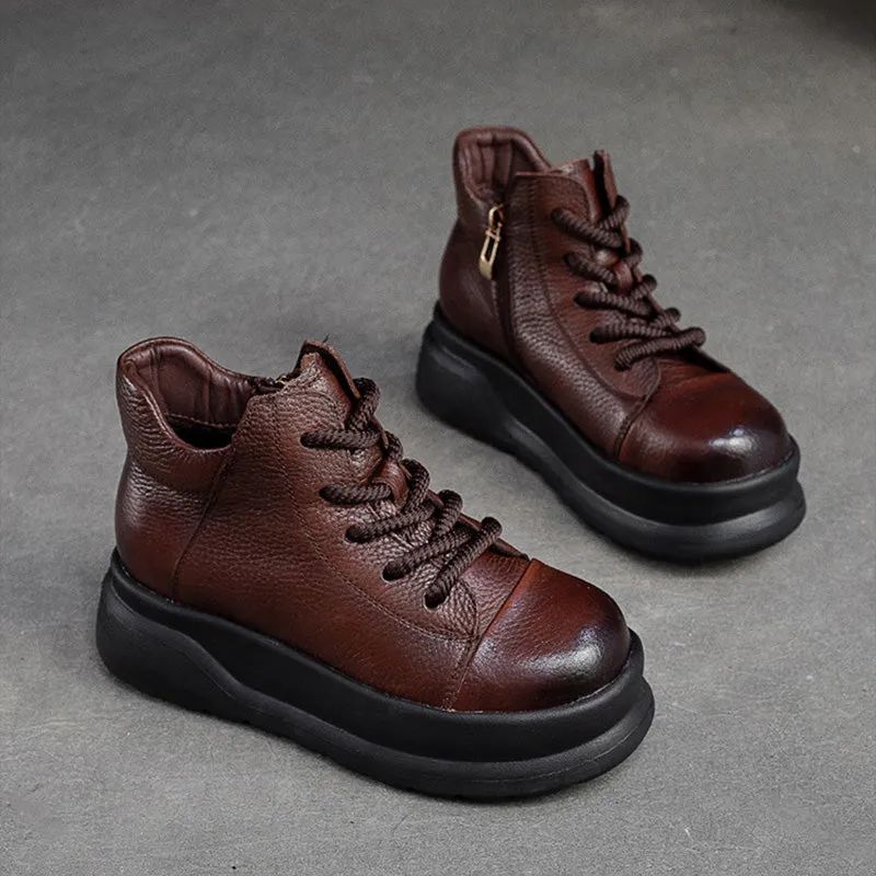 Women Retro Leather Furred Warm Platform Ankle Boots