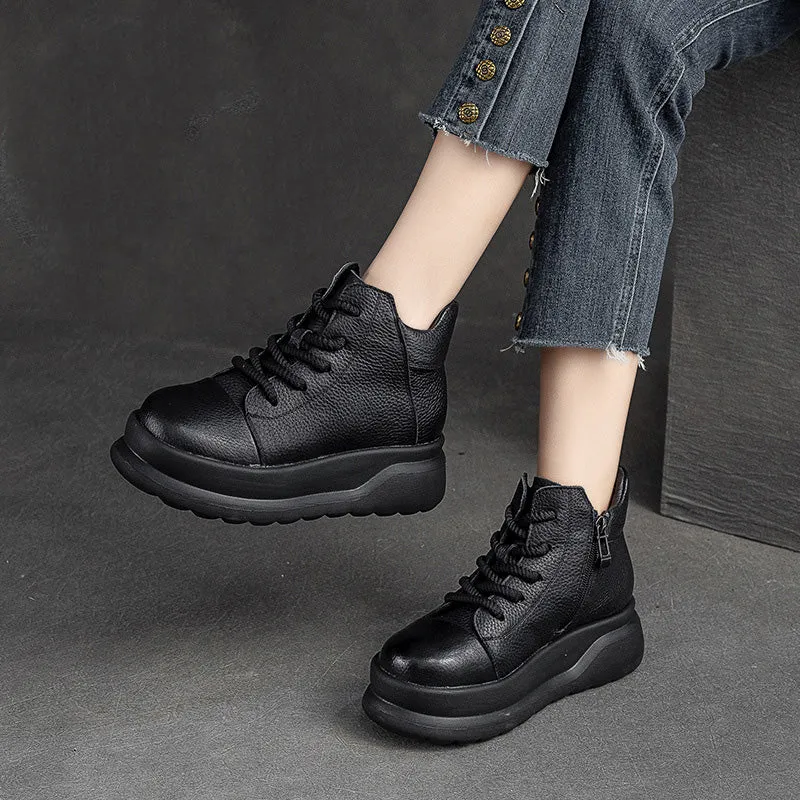 Women Retro Leather Furred Warm Platform Ankle Boots