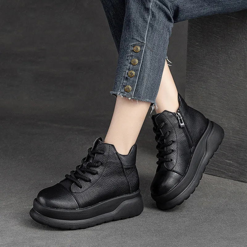 Women Retro Leather Furred Warm Platform Ankle Boots