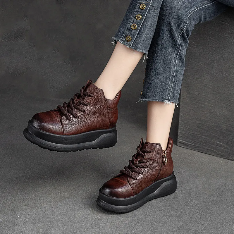 Women Retro Leather Furred Warm Platform Ankle Boots