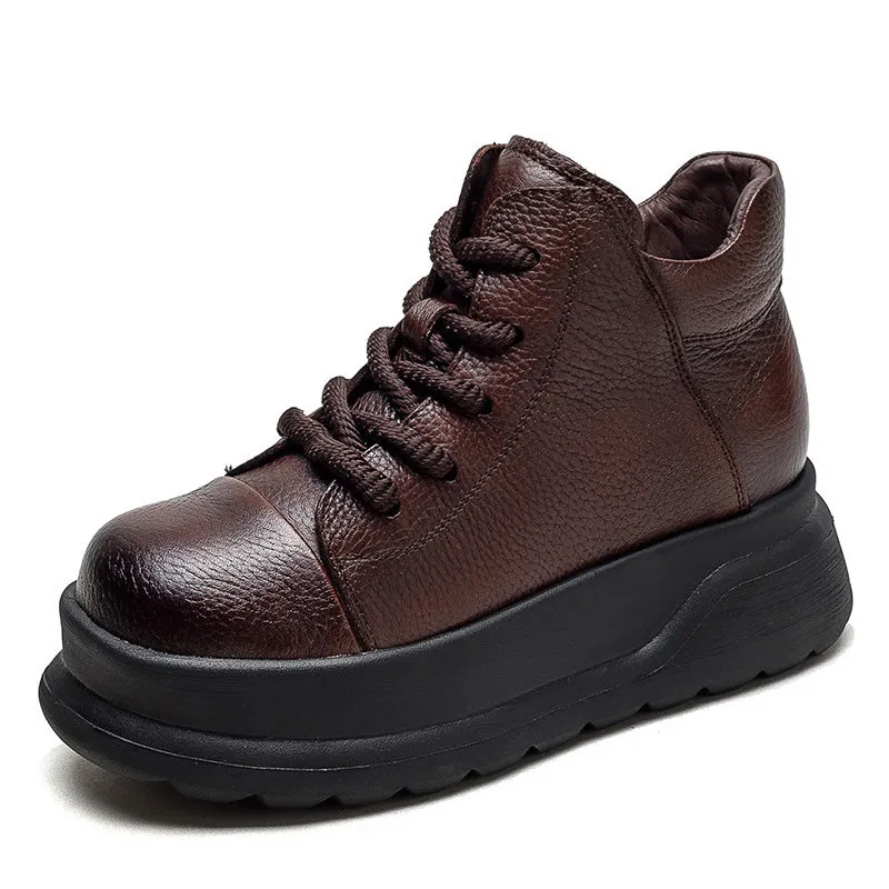 Women Retro Leather Furred Warm Platform Ankle Boots